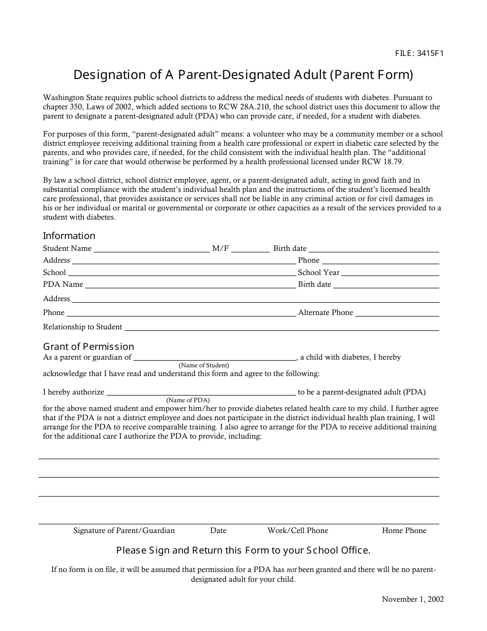 Designation of a Parent-Designated Adult (Parent Form) - Washington, Page 1