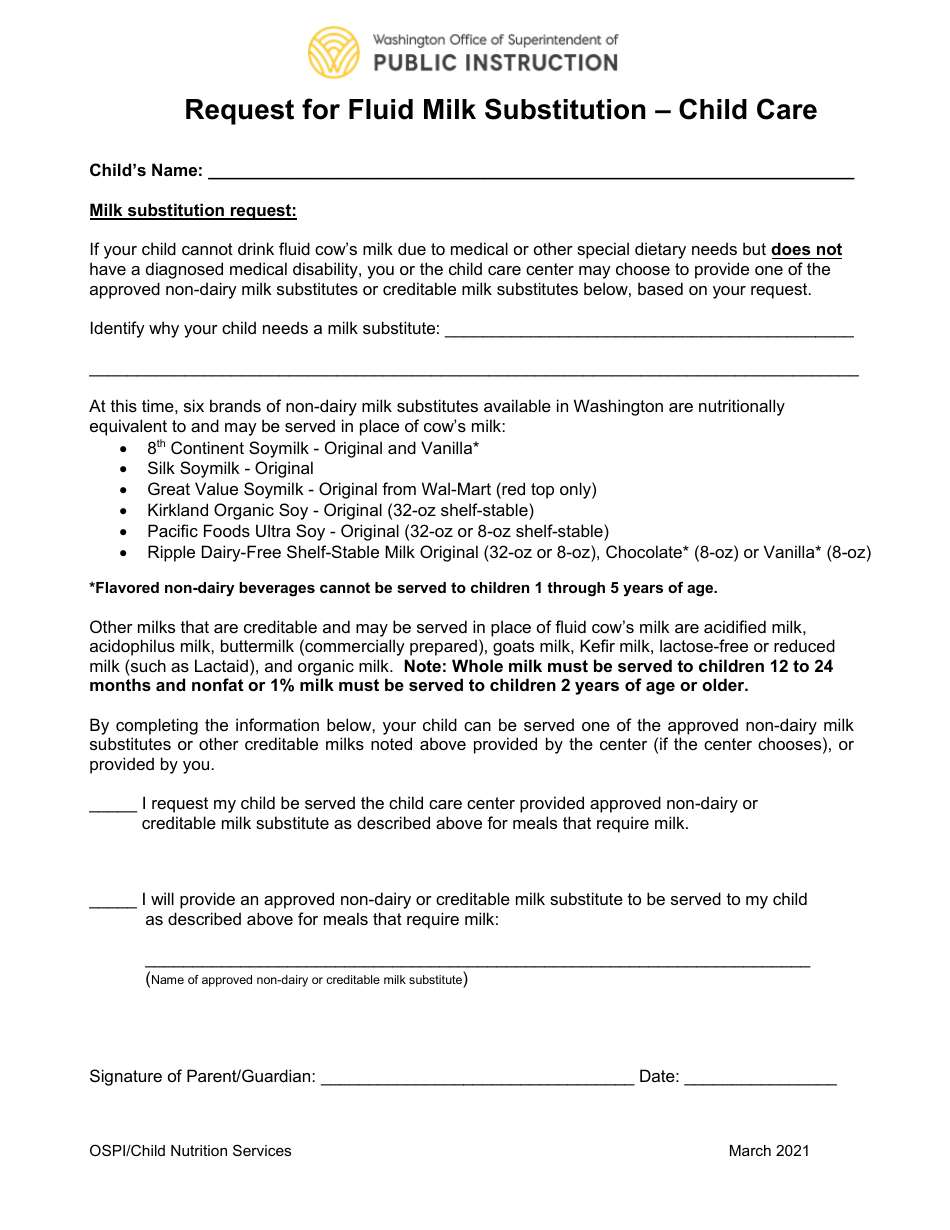 Washington Request for Fluid Milk Substitution Child Care Fill Out