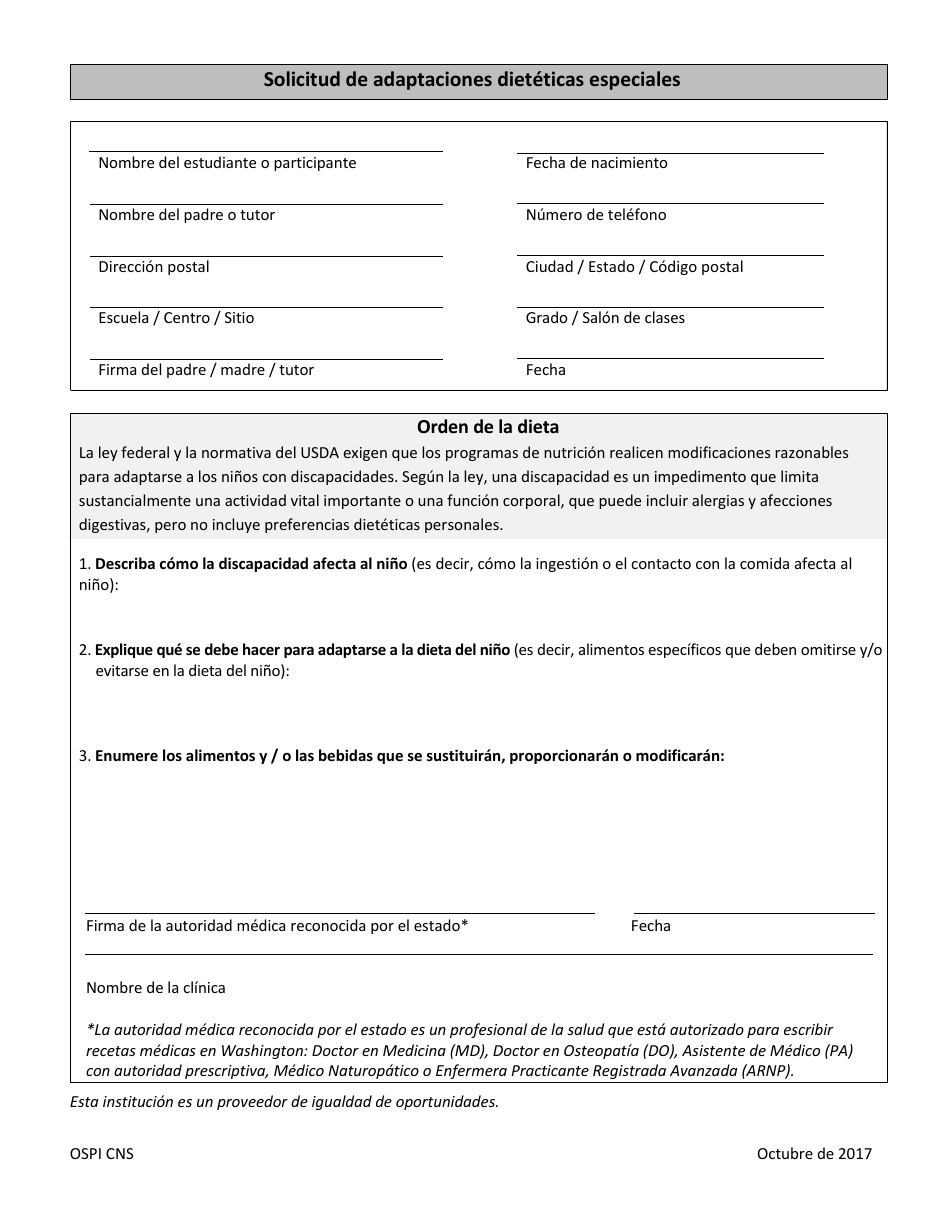 Solicitud De Adaptaciones Dieteticas Especiales - Washington (Spanish), Page 1