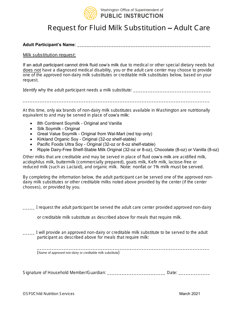 Washington Request for Fluid Milk Substitution Adult Care Fill Out