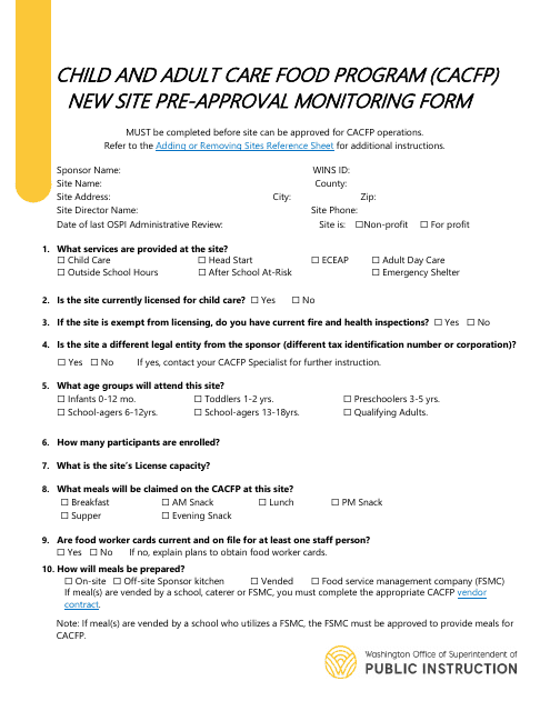 New Site Pre-approval Monitoring Form - Child and Adult Care Food Program (CACFP) - Washington Download Pdf