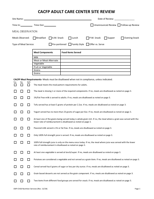 CACFP Adult Care Center Site Review - Washington