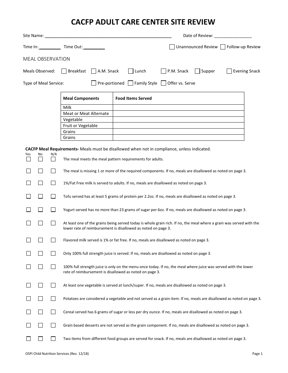 CACFP Adult Care Center Site Review - Washington, Page 1