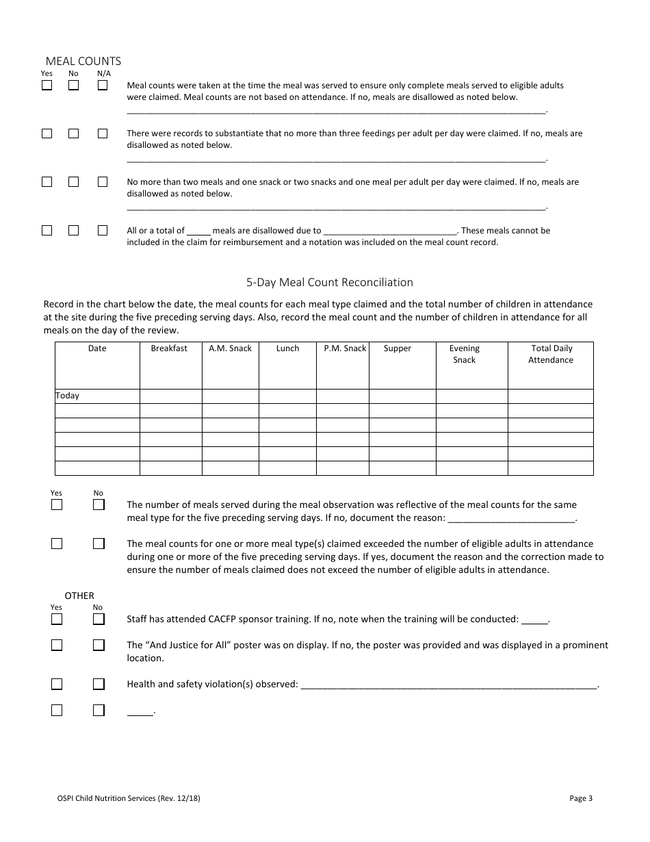 CACFP Adult Care Center Site Review - Washington, Page 3