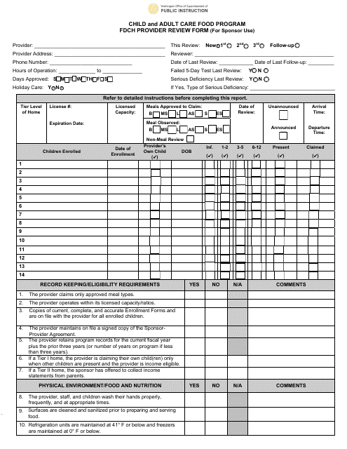 Fdch Provider Review Form - Child and Adult Care Food Program - Washington Download Pdf