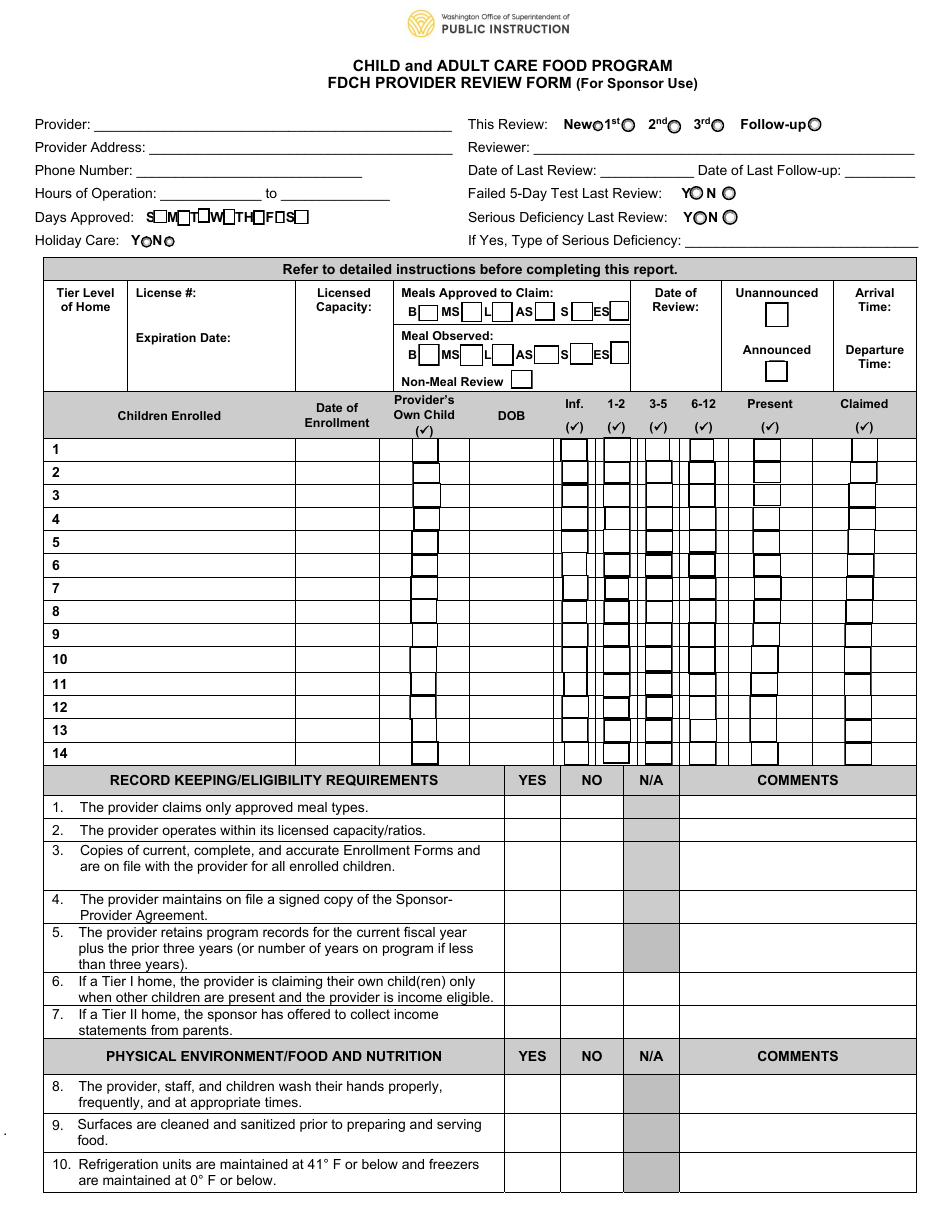 Fdch Provider Review Form - Child and Adult Care Food Program - Washington, Page 1