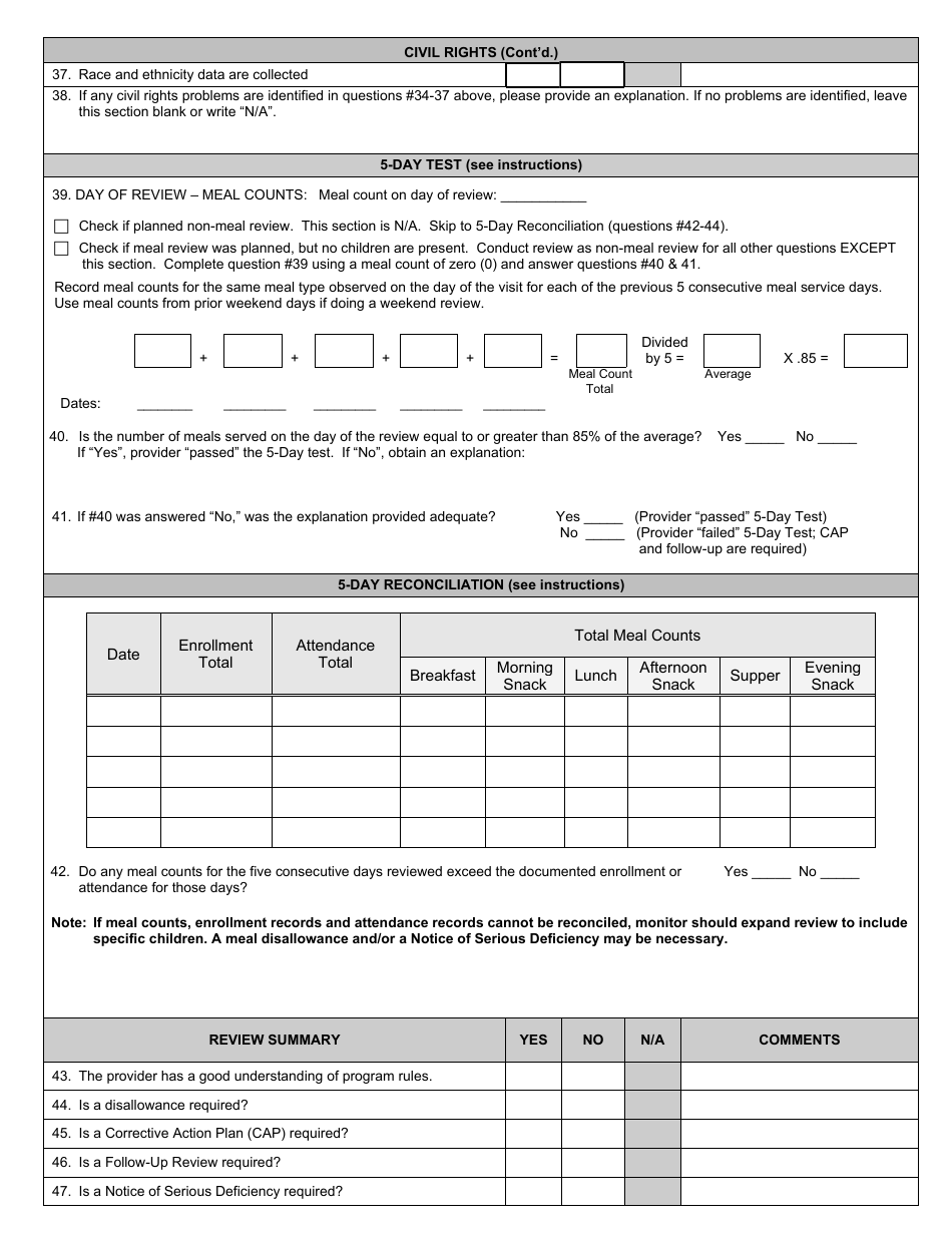 Fdch Provider Review Form - Child and Adult Care Food Program - Washington, Page 3