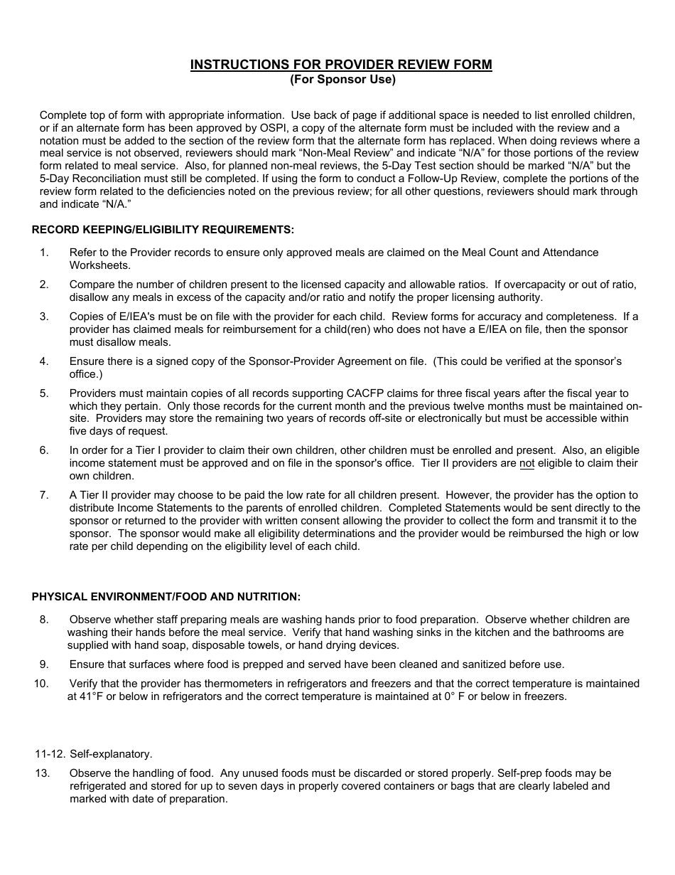 Fdch Provider Review Form - Child and Adult Care Food Program - Washington, Page 5