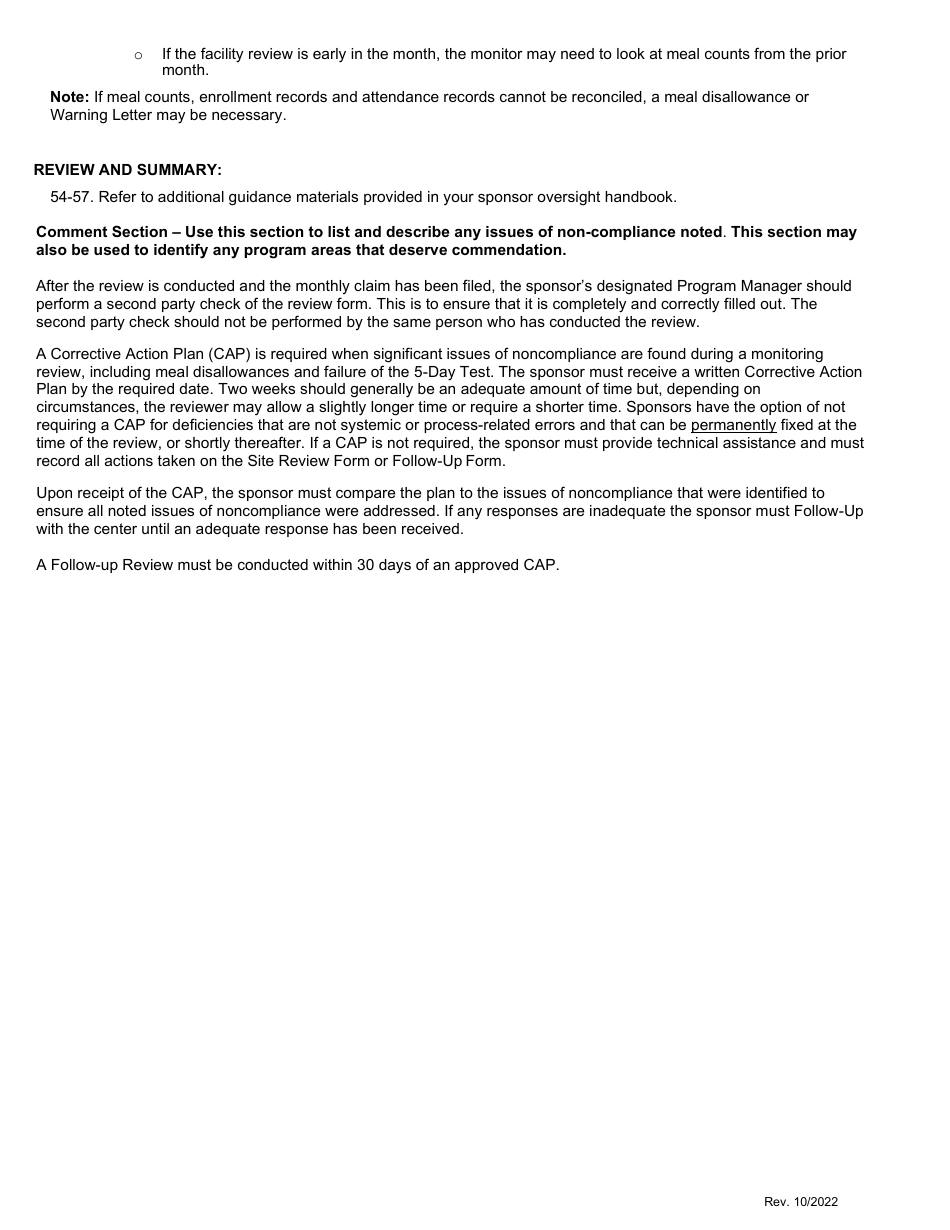 Sponsor Monitoring Form (Affiliated and Unaffiliated Centers) - Child Adult Care Food Program - Washington, Page 10