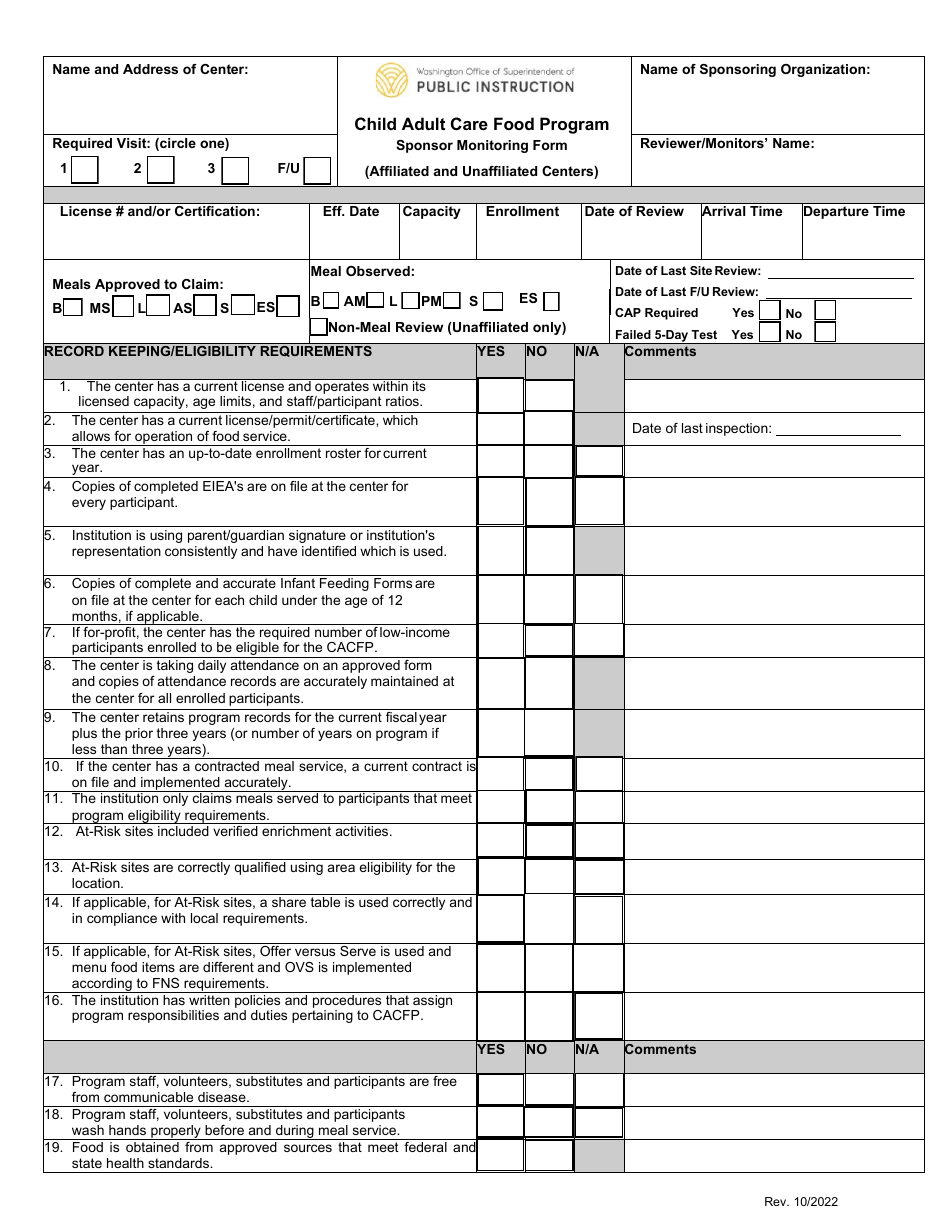 Sponsor Monitoring Form (Affiliated and Unaffiliated Centers) - Child Adult Care Food Program - Washington, Page 1