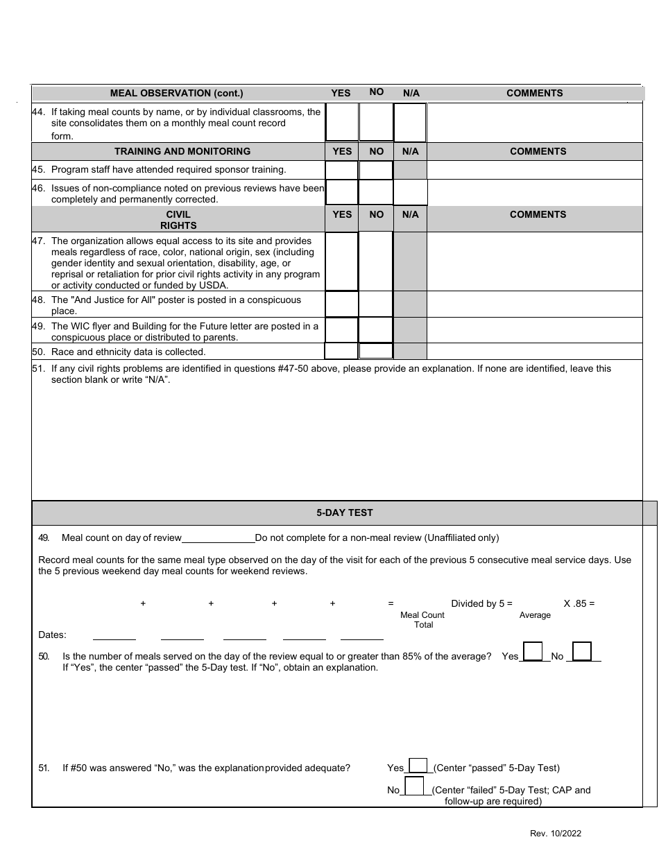 Sponsor Monitoring Form (Affiliated and Unaffiliated Centers) - Child Adult Care Food Program - Washington, Page 3