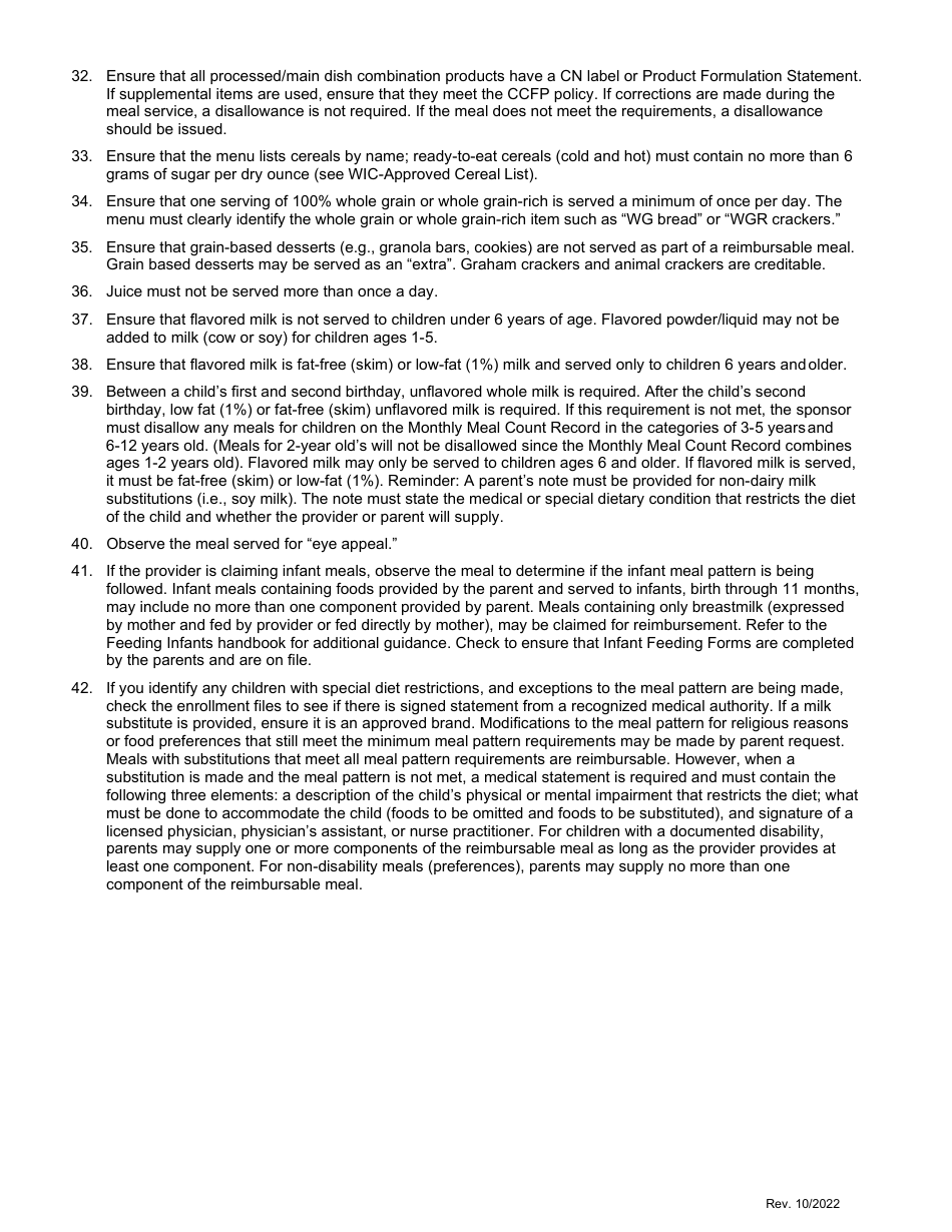 Sponsor Monitoring Form (Affiliated and Unaffiliated Centers) - Child Adult Care Food Program - Washington, Page 8