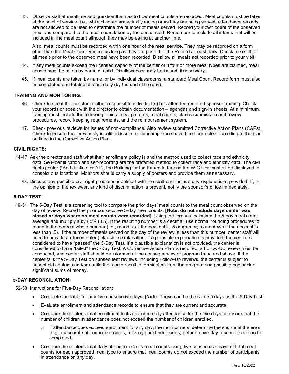 Sponsor Monitoring Form (Affiliated and Unaffiliated Centers) - Child Adult Care Food Program - Washington, Page 9