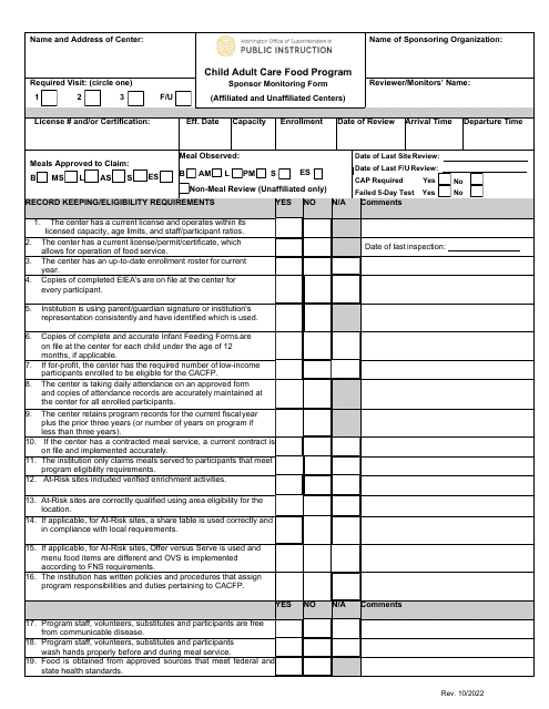 Sponsor Monitoring Form (Affiliated and Unaffiliated Centers) - Child Adult Care Food Program - Washington Download Pdf