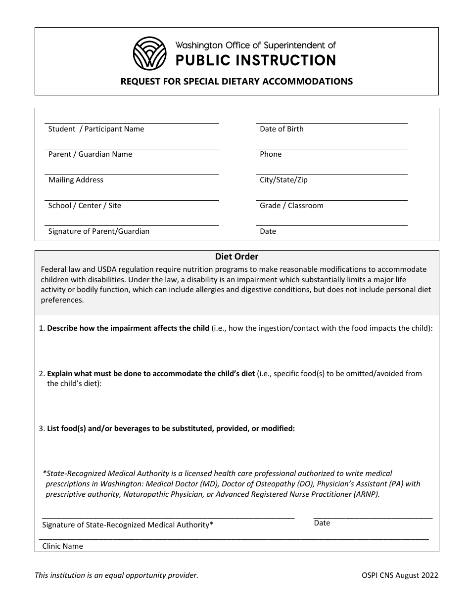 Request for Special Dietary Accommodations - Washington, Page 1