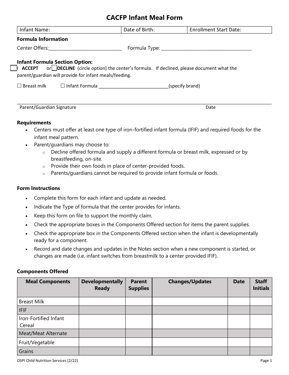 CACFP Infant Meal Form - Washington, Page 1