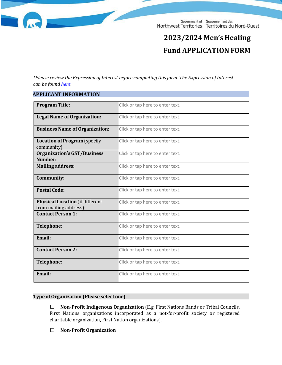 Mens Healing Fund Application Form - Northwest Territories, Canada, Page 1