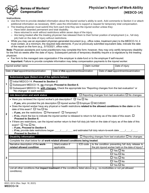 Form MEDCO-14 (BWC-3914) Physician's Report of Work Ability - Ohio