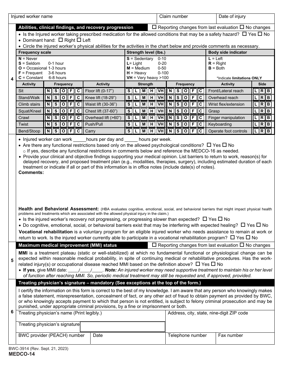 Form MEDCO-14 (BWC-3914) Physicians Report of Work Ability - Ohio, Page 2