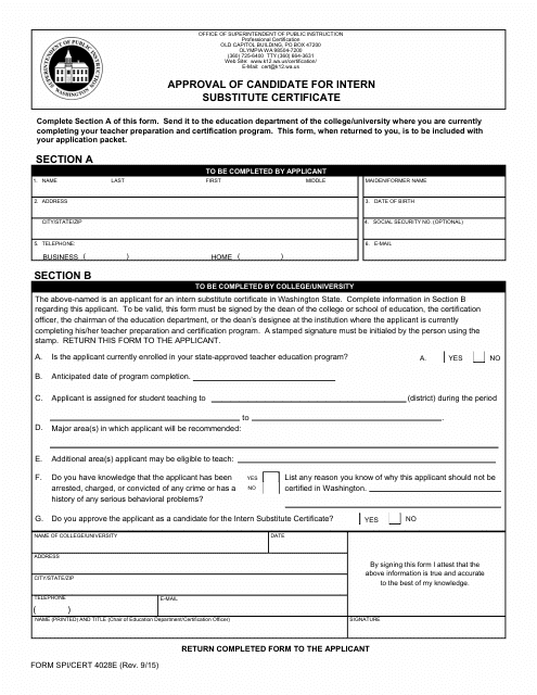 Form SPI/CERT4028E Approval of Candidate for Intern Substitute Certificate - Washington