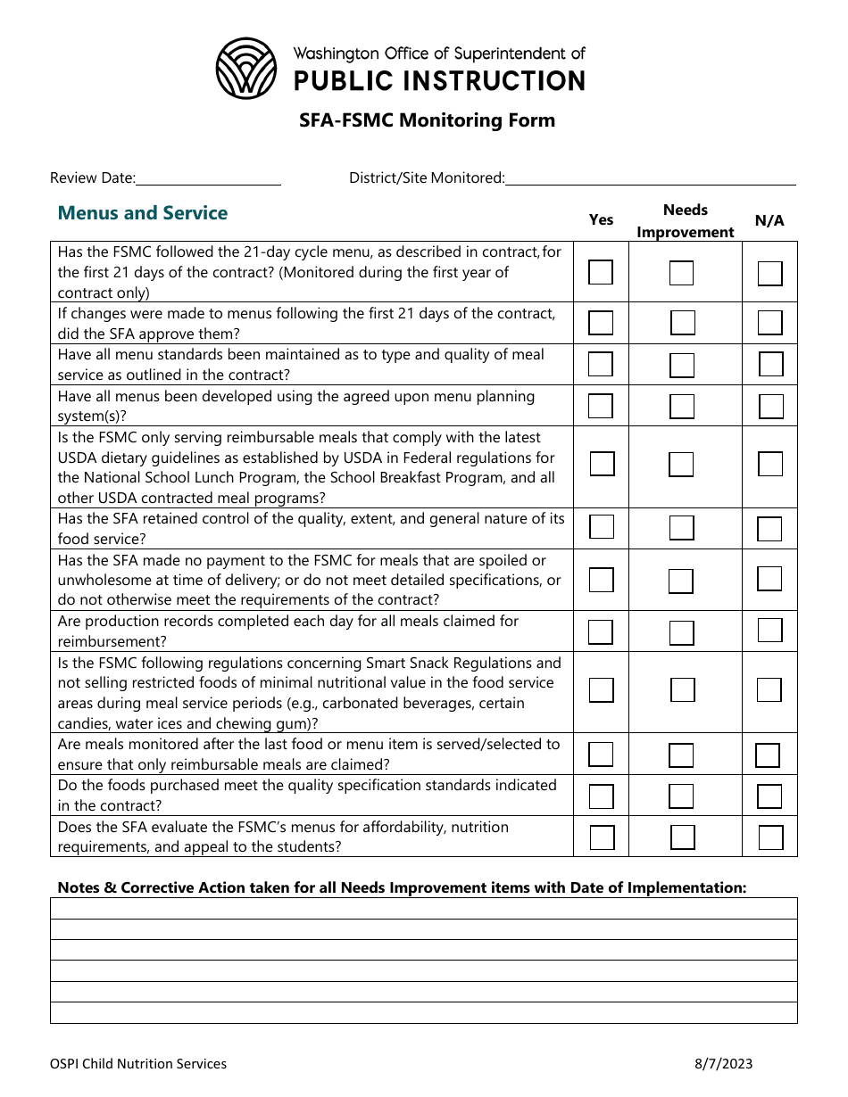 SFA-Fsmc Monitoring Form - Washington, Page 1