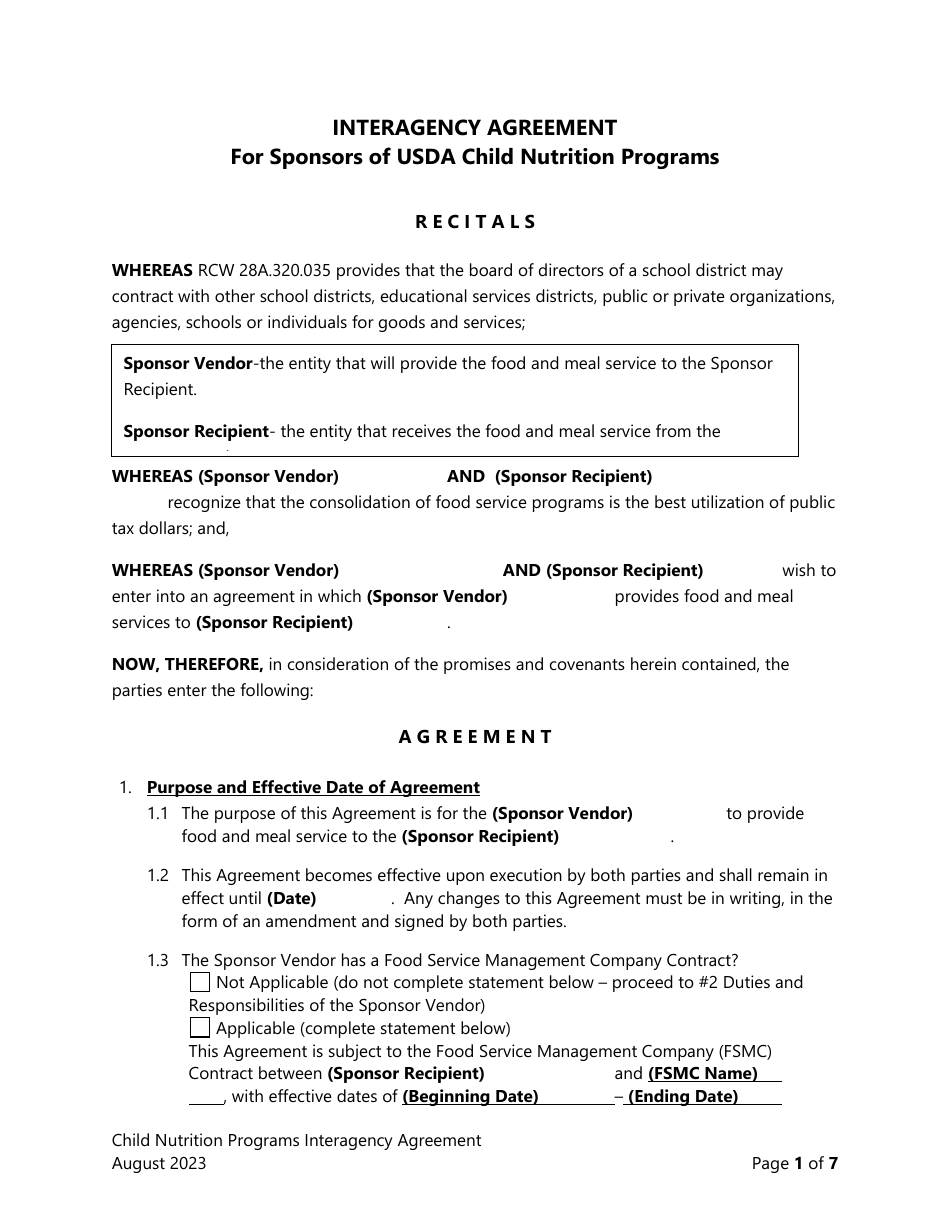 Interagency Agreement for Sponsors of Usda Child Nutrition Programs - Washington, Page 1