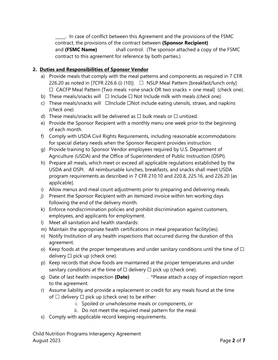 Interagency Agreement for Sponsors of Usda Child Nutrition Programs - Washington, Page 2