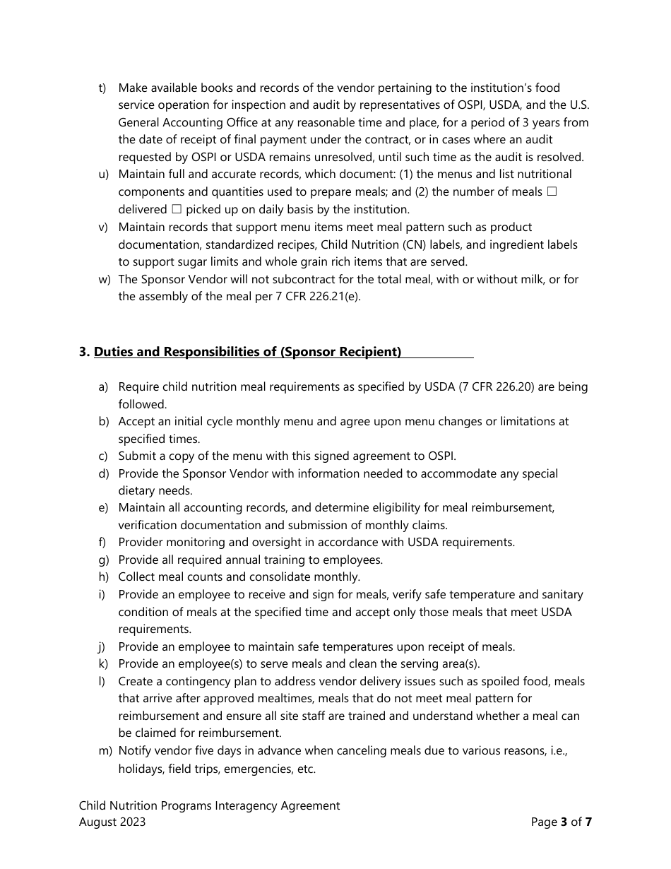 Interagency Agreement for Sponsors of Usda Child Nutrition Programs - Washington, Page 3