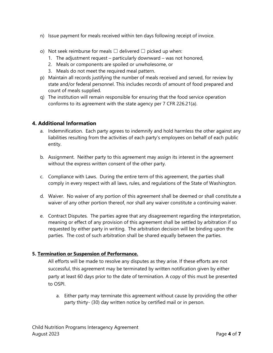 Interagency Agreement for Sponsors of Usda Child Nutrition Programs - Washington, Page 4