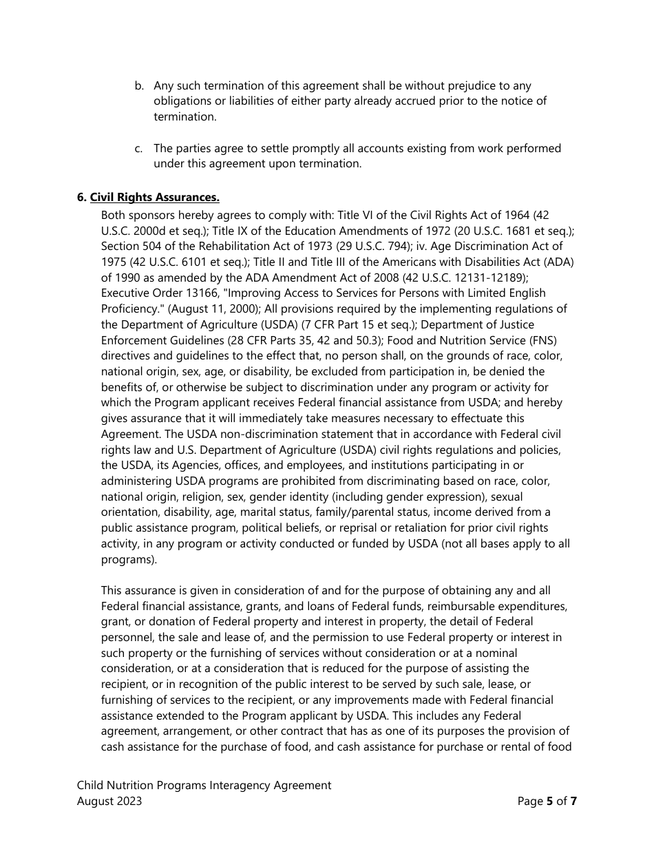 Interagency Agreement for Sponsors of Usda Child Nutrition Programs - Washington, Page 5