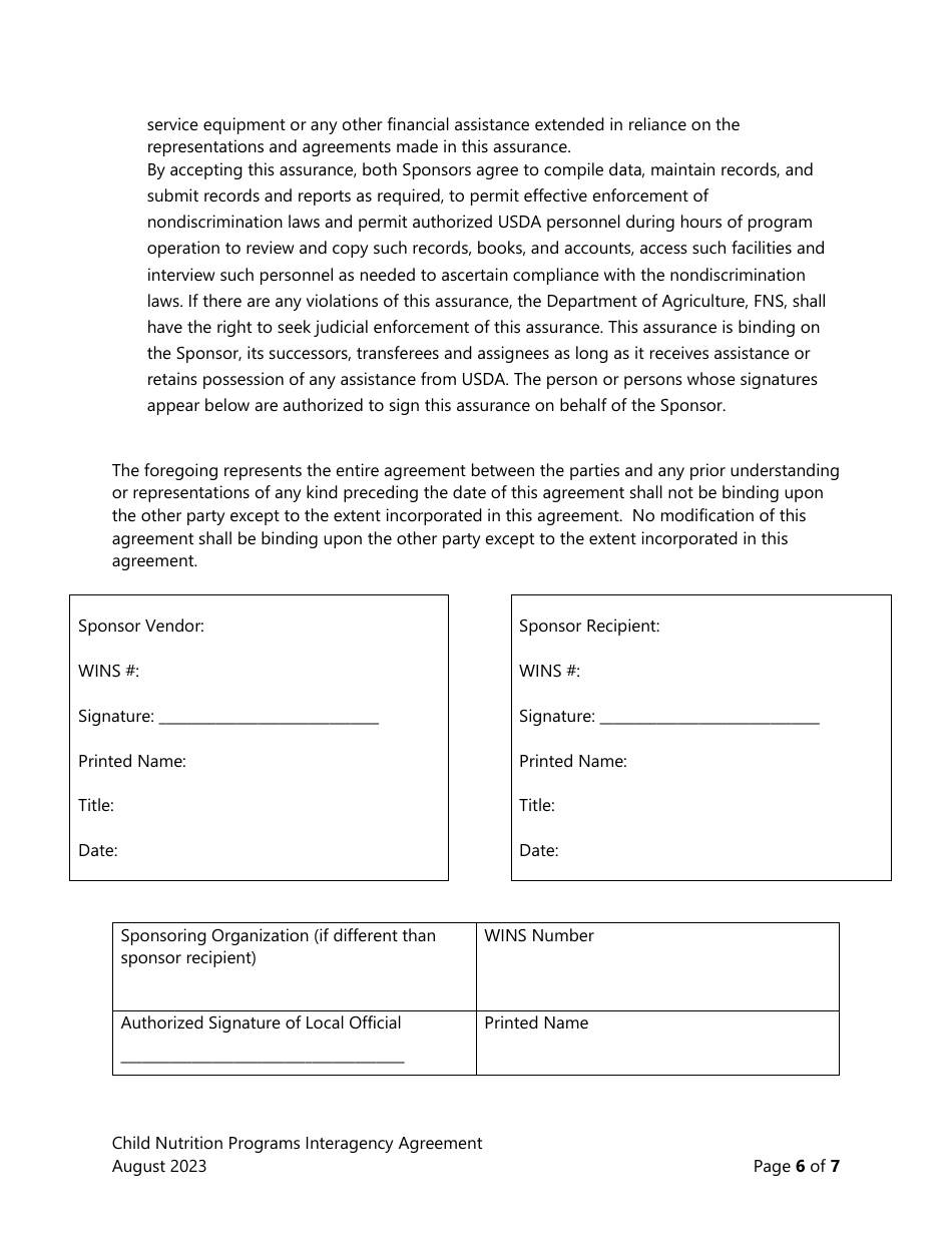 Interagency Agreement for Sponsors of Usda Child Nutrition Programs - Washington, Page 6