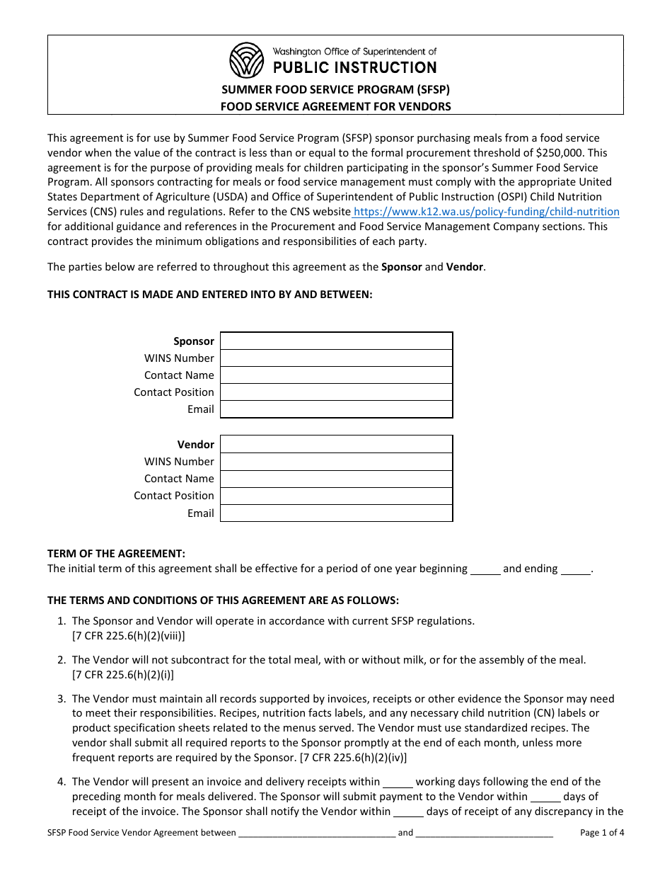 Food Service Agreement for Vendors - Summer Food Service Program (Sfsp) - Washington, Page 1