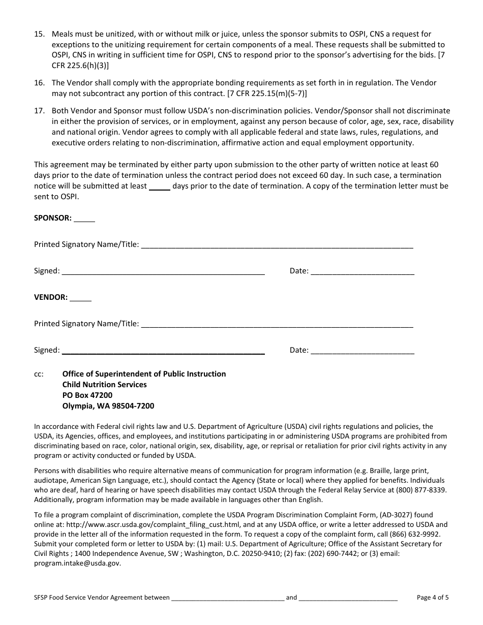 Food Service Agreement for Vendors - Summer Food Service Program (Sfsp) - Washington, Page 4