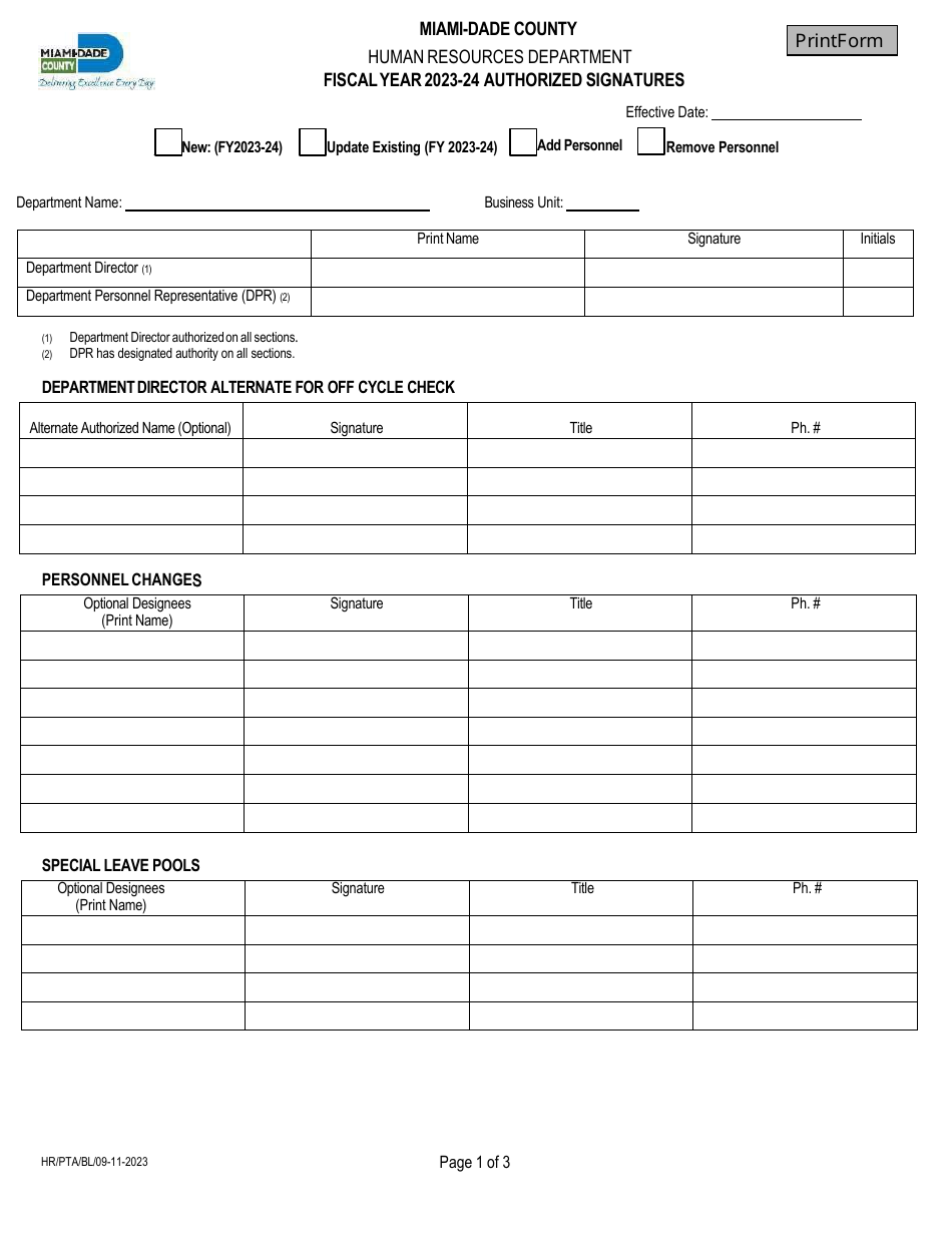 Authorized Signatures Form - Miami-Dade County, Florida, Page 1