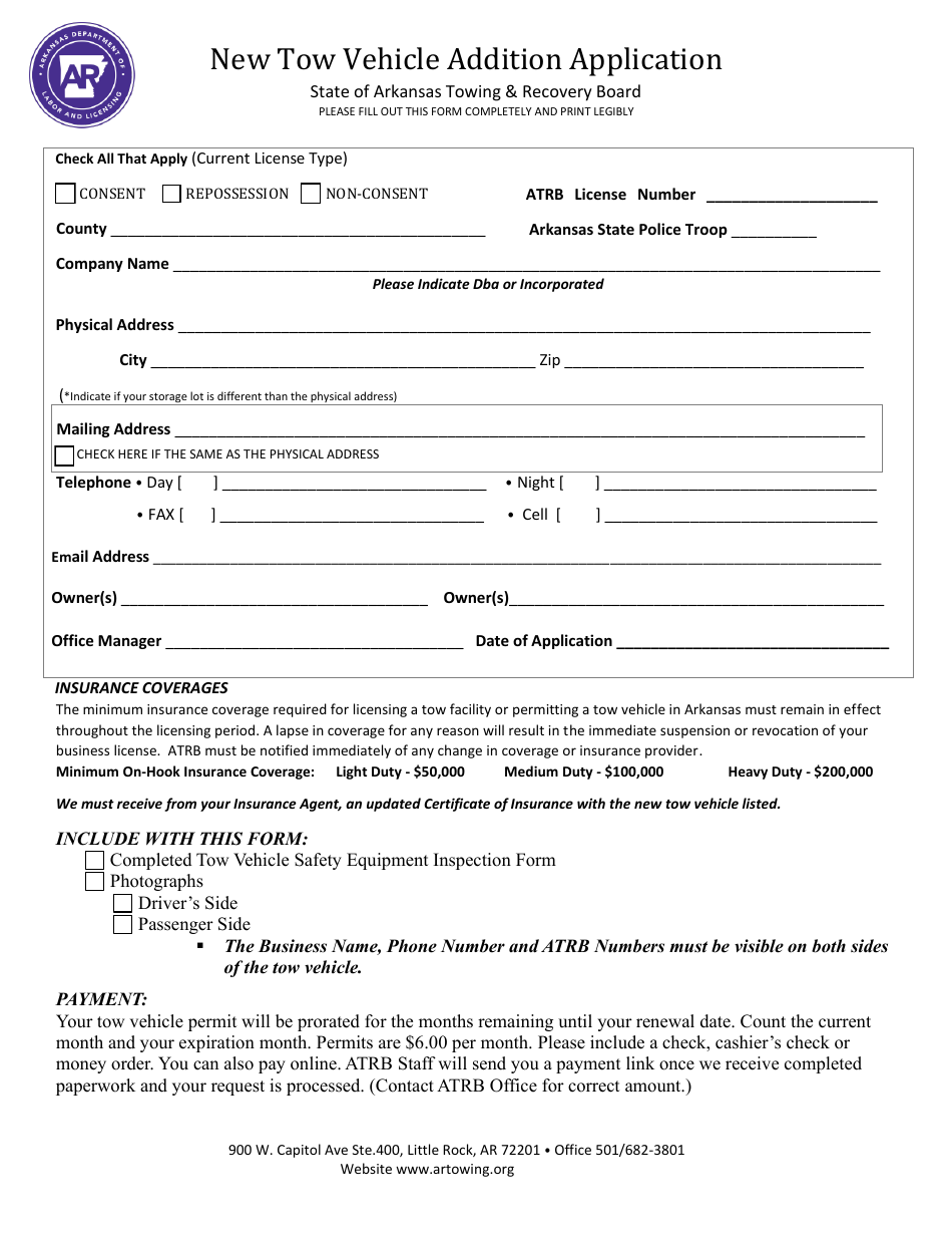 New Tow Vehicle Addition Application - Arkansas, Page 1