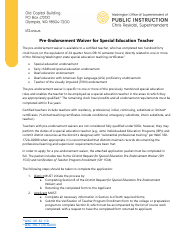 Form SPI1533 District Request for Special Education Pre-endorsement Waiver - Washington