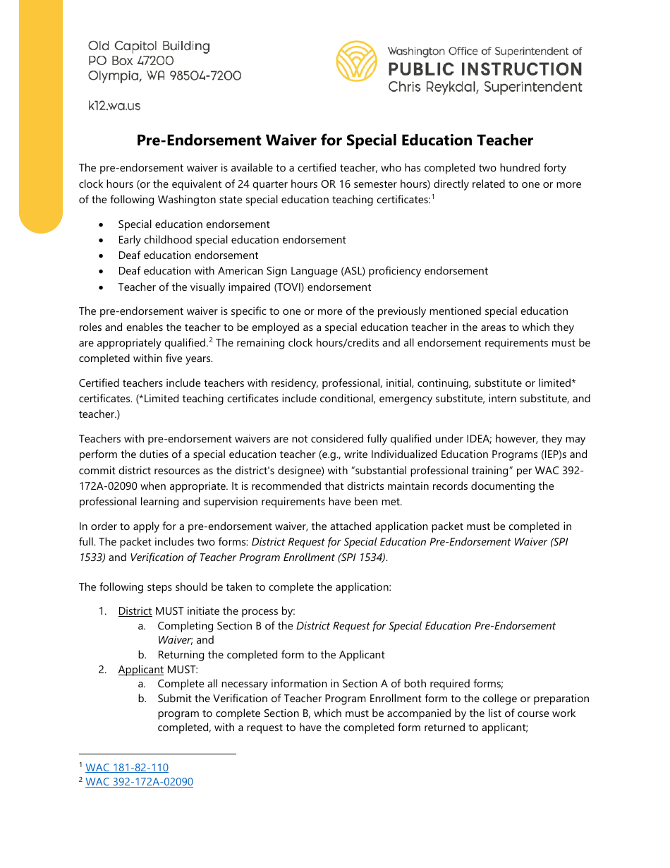 Form SPI1533 District Request for Special Education Pre-endorsement Waiver - Washington, Page 1