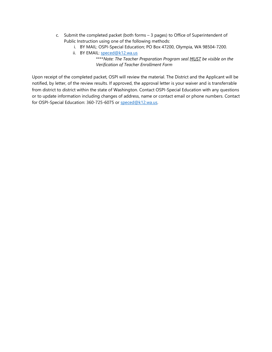 Form SPI1533 District Request for Special Education Pre-endorsement Waiver - Washington, Page 2