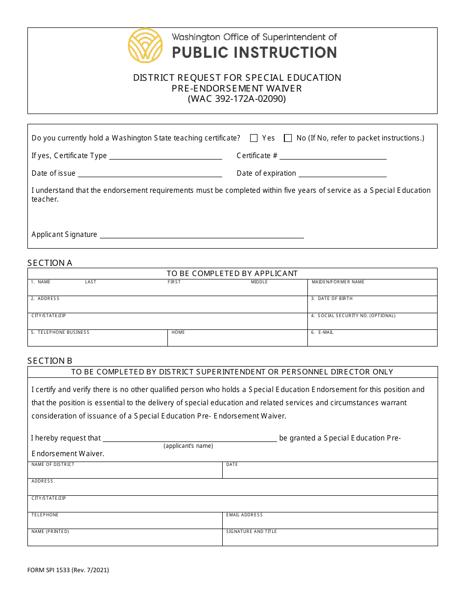 Form SPI1533 District Request for Special Education Pre-endorsement Waiver - Washington, Page 3