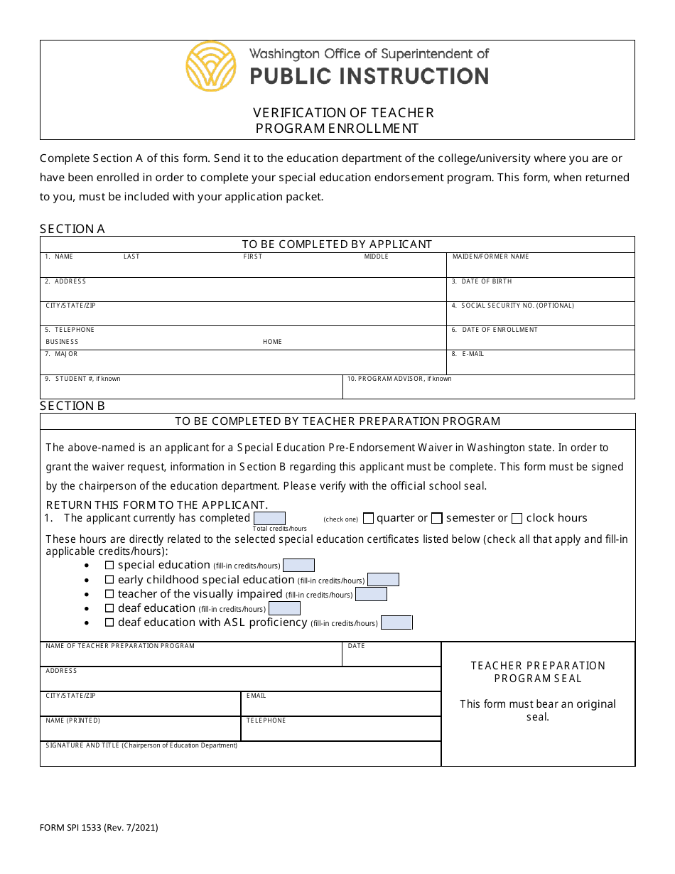 Form SPI1533 District Request for Special Education Pre-endorsement Waiver - Washington, Page 4