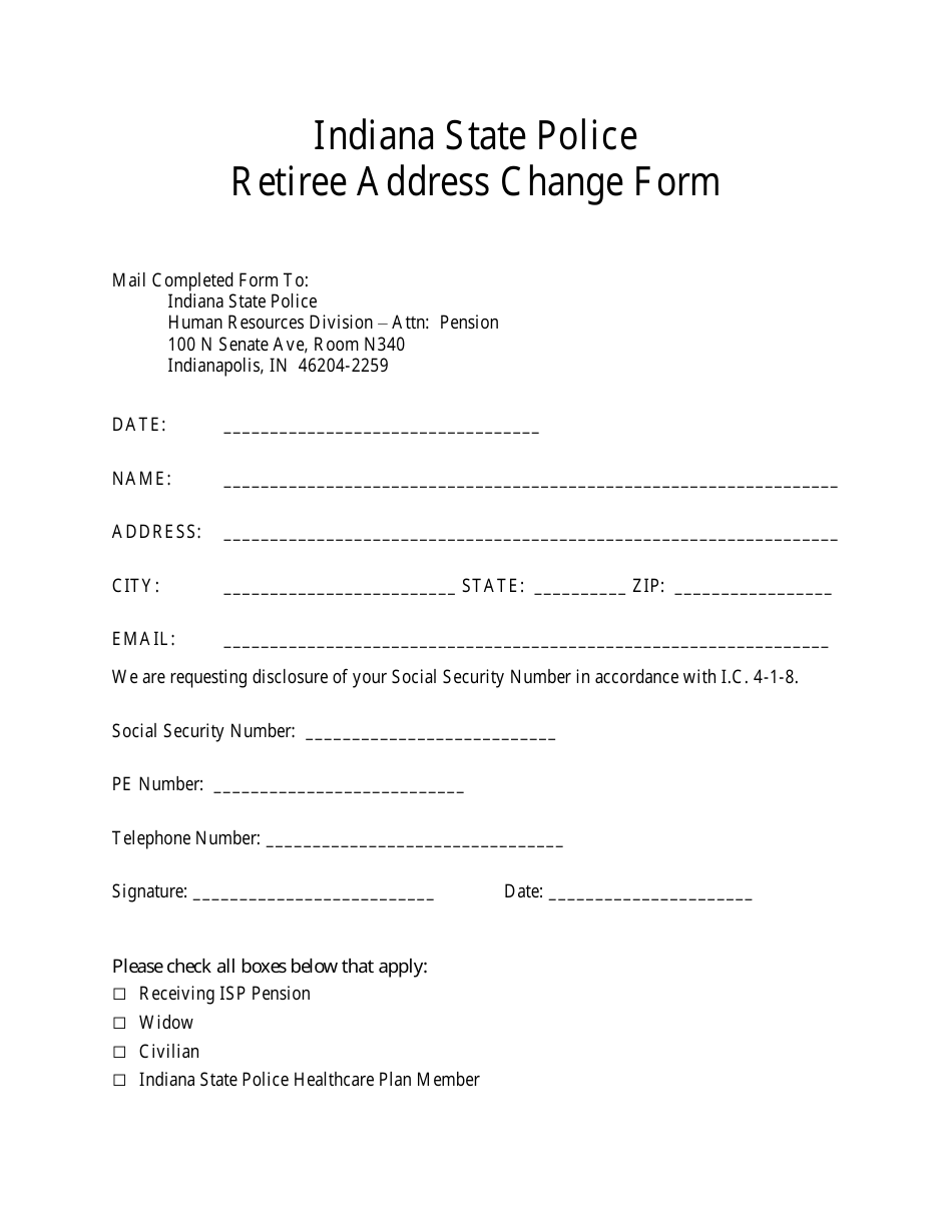 Retiree Address Change Form - Indiana, Page 1