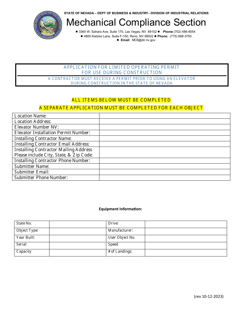 Application for Limited Operating Permit for Use During Construction - Nevada, Page 1