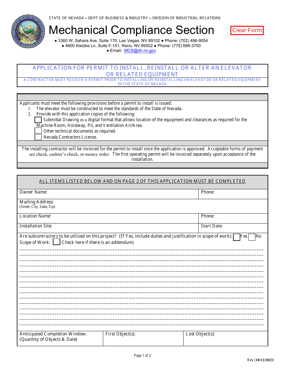 Application for Permit to Install, Reinstall or Alter an Elevator or Related Equipment - Nevada, Page 1