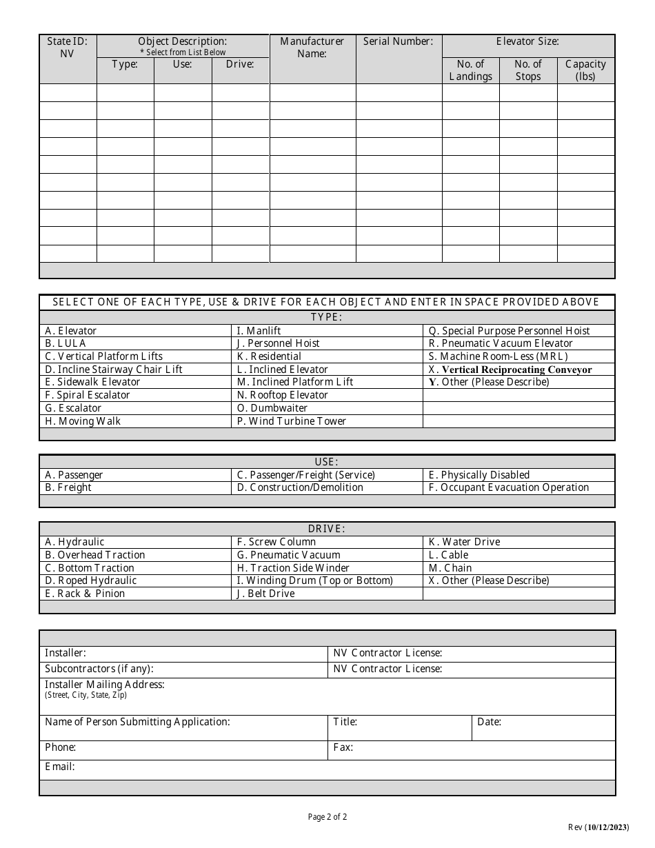 Application for Permit to Install, Reinstall or Alter an Elevator or Related Equipment - Nevada, Page 2