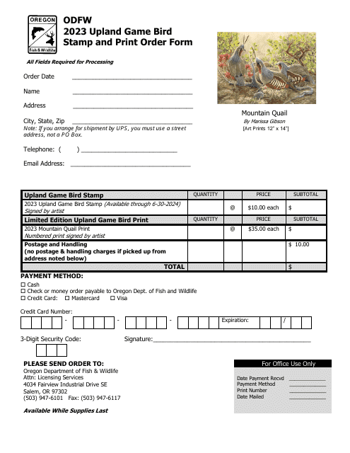 Upland Game Bird Stamp and Print Order Form - Oregon, 2023