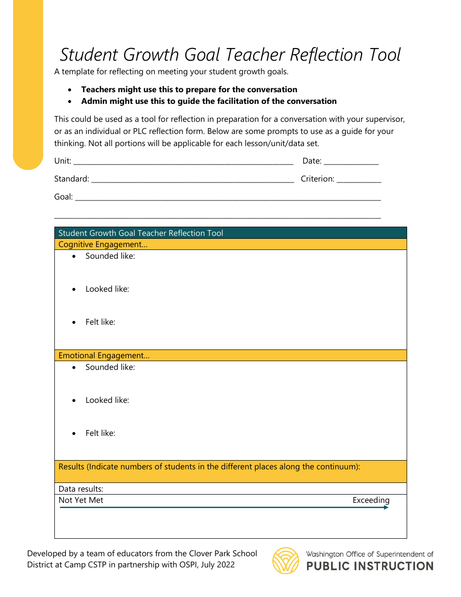 Student Growth Goal Teacher Reflection Tool - Washington, Page 1