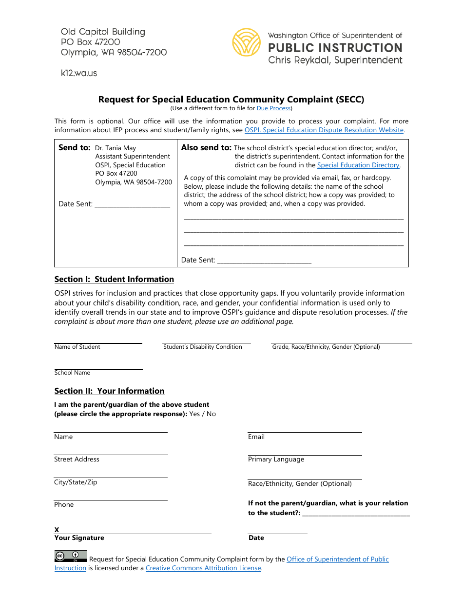 Request for Special Education Community Complaint (Secc) - Washington, Page 1