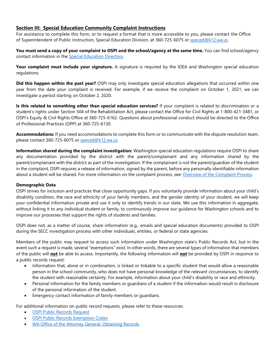 Request for Special Education Community Complaint (Secc) - Washington, Page 2