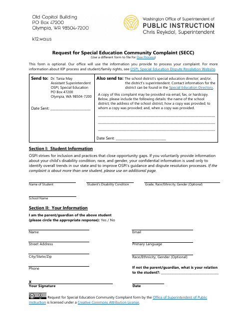 Request for Special Education Community Complaint (Secc) - Washington Download Pdf
