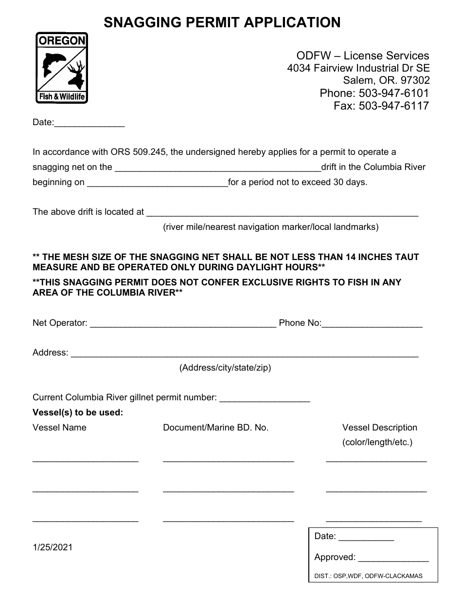 Snagging Permit Application - Oregon, Page 1